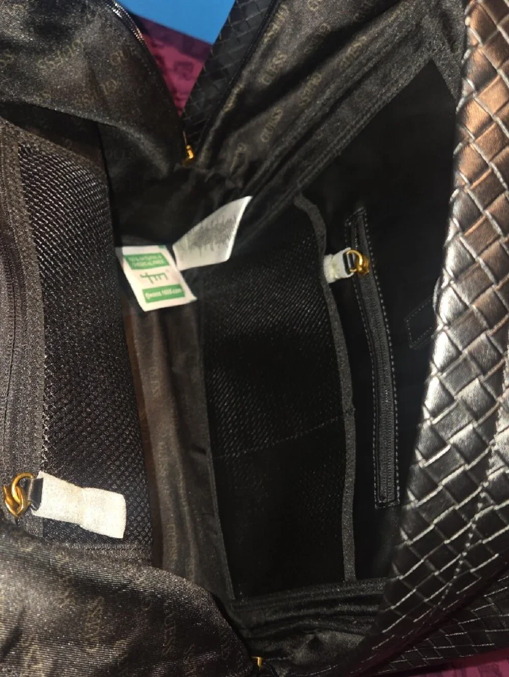 GUESS Black Woven-Texture Backpack with Gold Zipper Accents